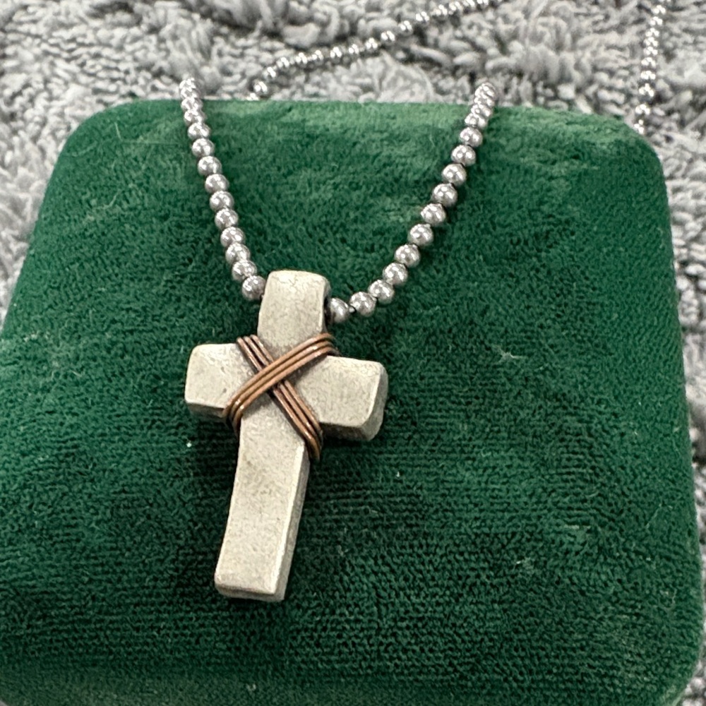 Men's Silver Cross Pendant Necklace with Copper Accent - Picture 1 of 2